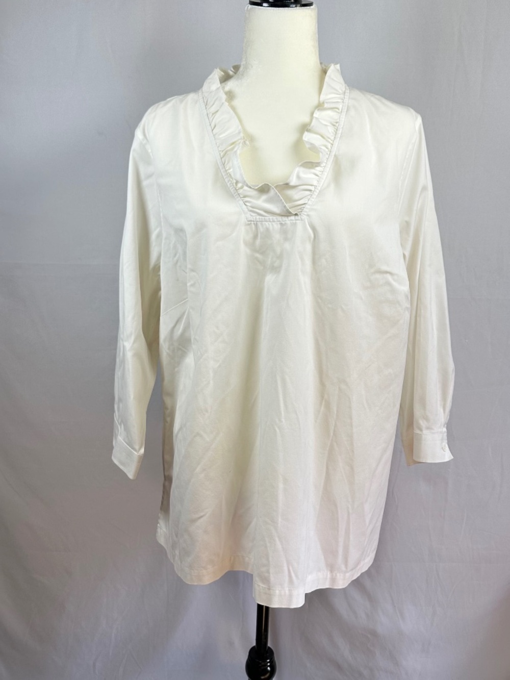 Talbots Woman Non Iron Off White Ruffle Neck Blouse Size 16W 3/4 Length Sleeves